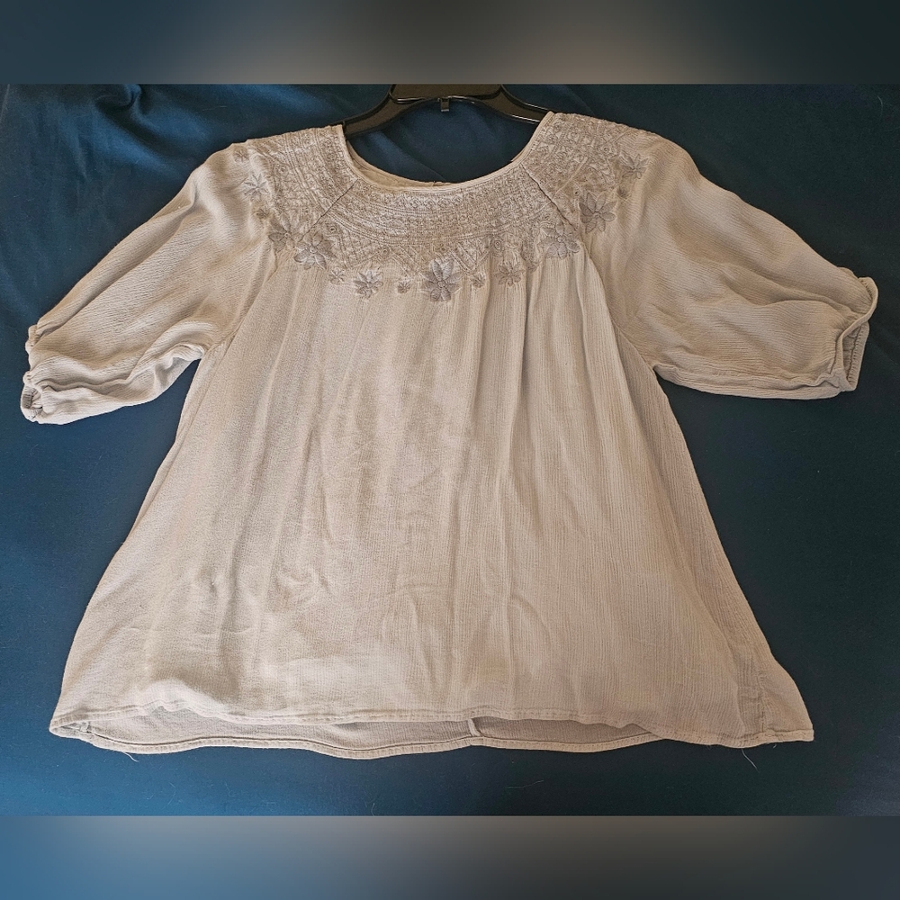 Doe & Rae Light Blue Embroidered Scoop Neck Top